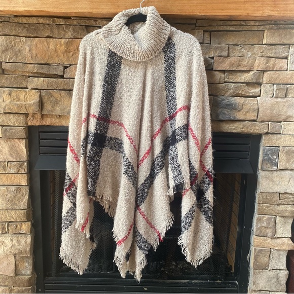 Sweaters - Cowlneck tan plaid shrug poncho sweater turtleneck fall sweater relaxed one size